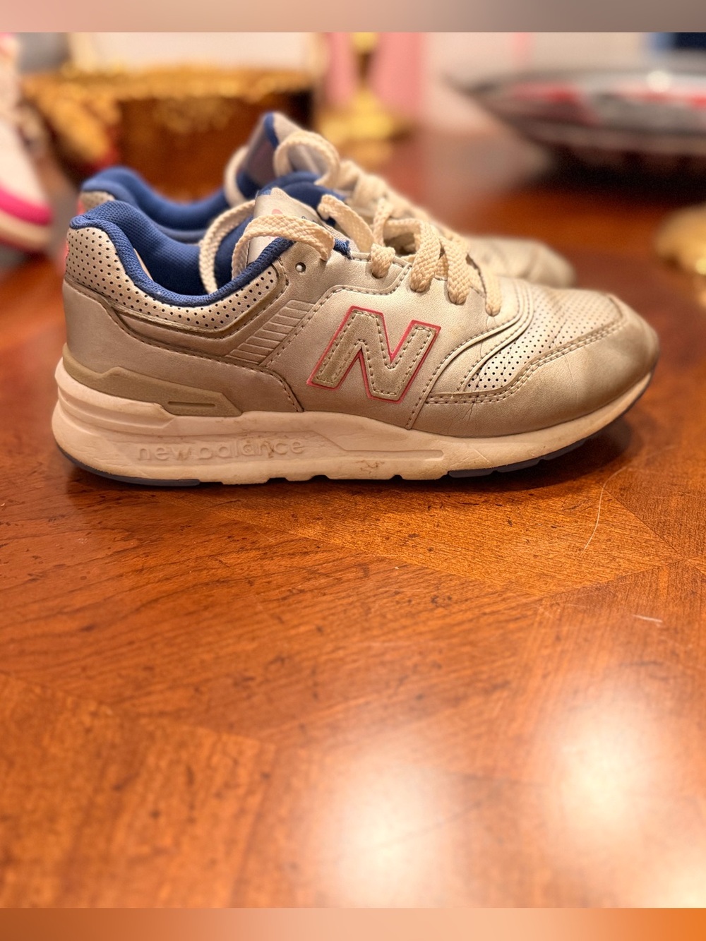 New Balance Kids Silver Sneakers with Pink N and Blue Lining